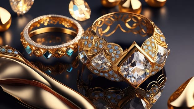 Jewelry gold rings on a black background. 3d rendering