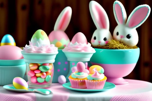 Easter eggs and cupcakes with bunny ears. 3d illustration