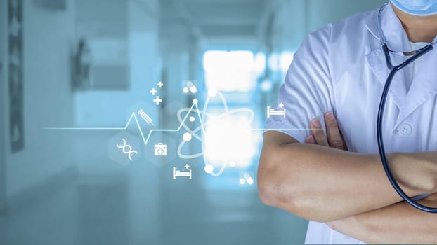Medicine doctor with stethoscope in hand on hospital background. Medical technology. Healthcare and Medical concept.