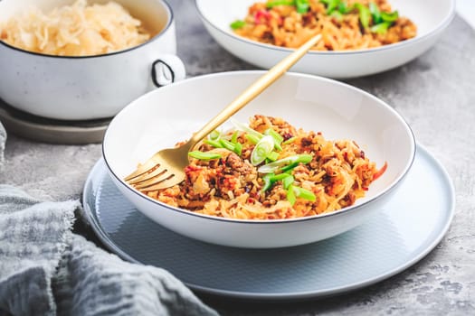 Risotto with ground beef, cabbage (sauerkraut) and rice, cabbage casserole