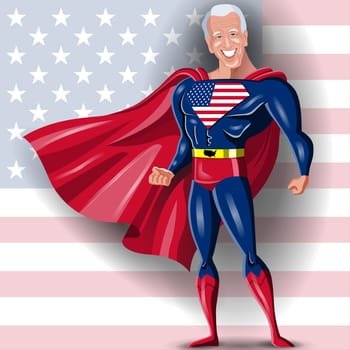 Vector illustration of superhero with United States of America flag on background.