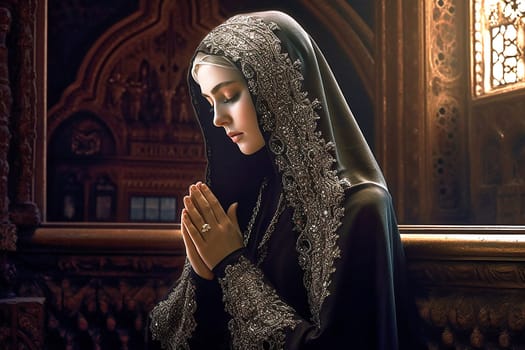 Woman praying at the alter, wearing a black dress. Ai generativ.