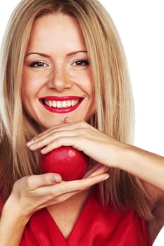 woman eat red apple on white background
