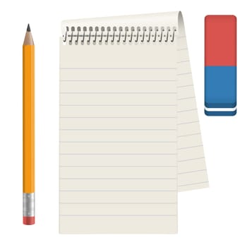 gray paper pad with pencil and eraser