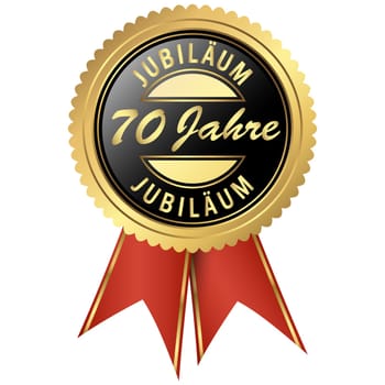 seal colored black and gold with red ribbons for seventy years jubilee
