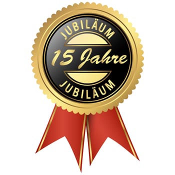 seal colored black and gold with red ribbons for fifteen years jubilee