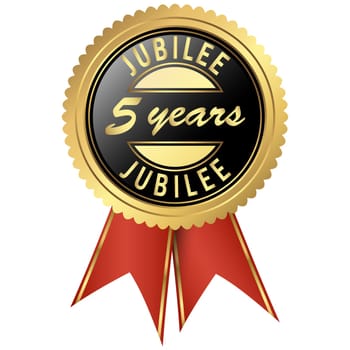 seal colored black and gold with red ribbons for five years jubilee