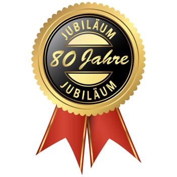 seal colored black and gold with red ribbons for eighty years jubilee