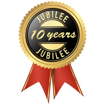 seal colored black and gold with red ribbons for ten years jubilee