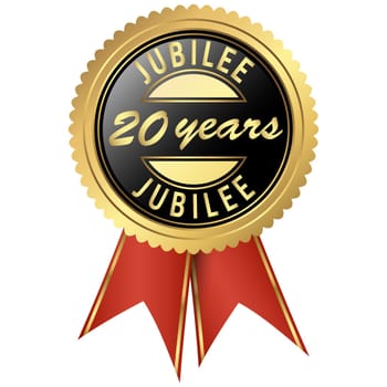 seal colored black and gold with red ribbons for twenty years jubilee