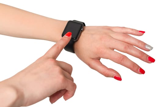 Young woman with new apple watch, black display, hand with red nails, close up, isolated on white background
