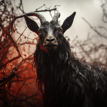 Image of a creepy goat, a devil in the forest. High quality photo