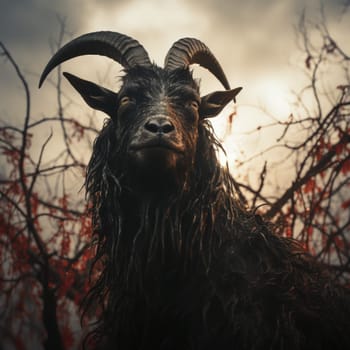 Image of a creepy goat, a devil in the forest. High quality photo