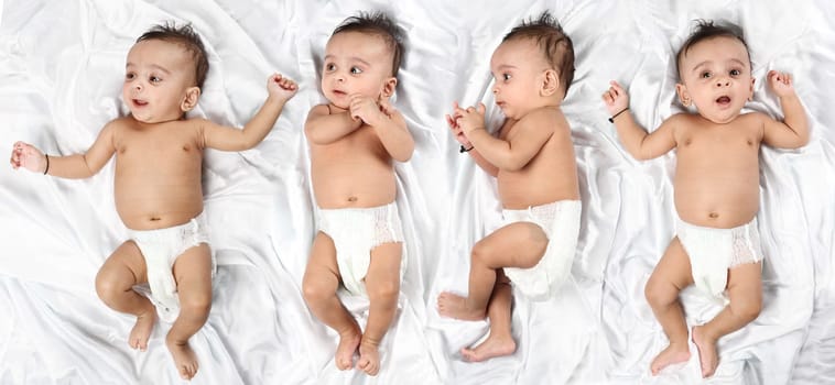 Baby in 4 different expressions on white satin background