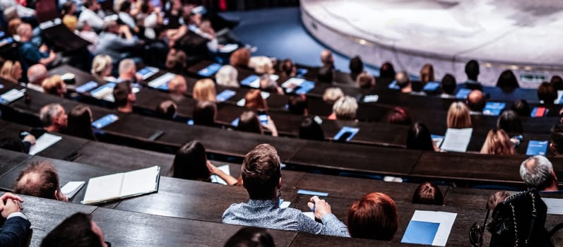 Business and entrepreneurship symposium. Audience in conference hall. Rear view of unrecognized participant in audience