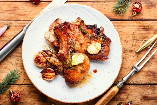 Roasted fresh meat steak in the Christmas dinner.