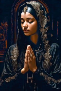 Woman praying at the alter, wearing a black dress. Ai generativ.