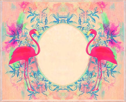 Abstract decorative pink card with flamingos - floral frame