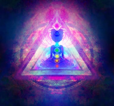Yoga lotus pose. Padmasana with colored chakra points.