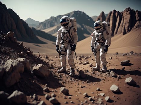 Astronaut couple walking in the desert. generative ai
