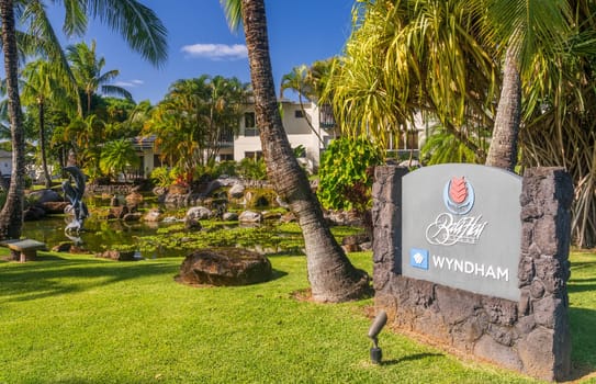Princeville, Kauai - 4 February 2025: Entrance to Wyndham Bali Hai timeshare resort in Princeville