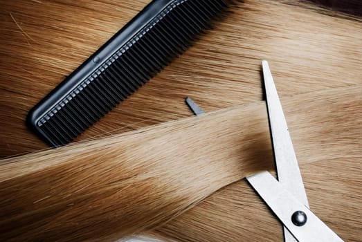 Long healthy blond hair and professional scissors