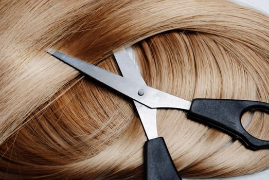 Long healthy blonde hair and professional scissors