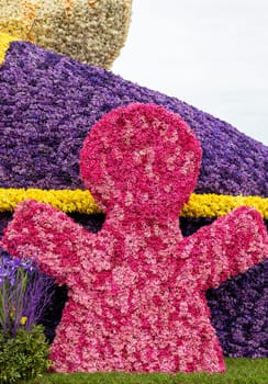 Noordwijk, Netherlands - April 22, 2023: Spectacular flower covered floats in the Bloemencorso Bollenstreek the annual spring flower parade from Noordwijk to Haarlem in the Netherlands.
