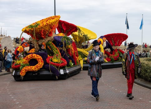 Noordwijk, Netherlands - April 22, 2023: Spectacular flower covered floats in the Bloemencorso Bollenstreek the annual spring flower parade from Noordwijk to Haarlem in the Netherlands.