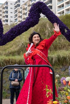 Noordwijk, Netherlands - April 22, 2023: Spectacular flower covered floats in the Bloemencorso Bollenstreek the annual spring flower parade from Noordwijk to Haarlem in the Netherlands.