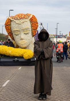 Noordwijk, Netherlands - April 22, 2023: Spectacular flower covered floats in the Bloemencorso Bollenstreek the annual spring flower parade from Noordwijk to Haarlem in the Netherlands.