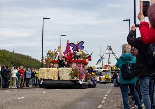 Noordwijk, Netherlands - April 22, 2023: Spectacular flower covered floats in the Bloemencorso Bollenstreek the annual spring flower parade from Noordwijk to Haarlem in the Netherlands.