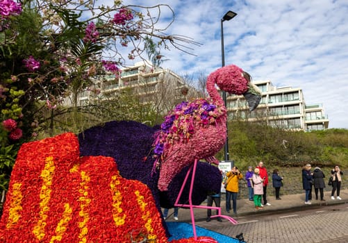 Noordwijk, Netherlands - April 22, 2023: Spectacular flower covered floats in the Bloemencorso Bollenstreek the annual spring flower parade from Noordwijk to Haarlem in the Netherlands.