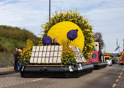 Noordwijk, Netherlands - April 22, 2023: Spectacular flower covered floats in the Bloemencorso Bollenstreek the annual spring flower parade from Noordwijk to Haarlem in the Netherlands.