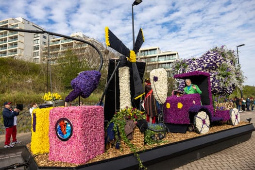 Noordwijk, Netherlands - April 22, 2023: Spectacular flower covered floats in the Bloemencorso Bollenstreek the annual spring flower parade from Noordwijk to Haarlem in the Netherlands.