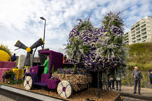 Noordwijk, Netherlands - April 22, 2023: Spectacular flower covered floats in the Bloemencorso Bollenstreek the annual spring flower parade from Noordwijk to Haarlem in the Netherlands.