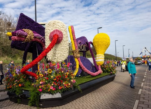 Noordwijk, Netherlands - April 22, 2023: Spectacular flower covered floats in the Bloemencorso Bollenstreek the annual spring flower parade from Noordwijk to Haarlem in the Netherlands.