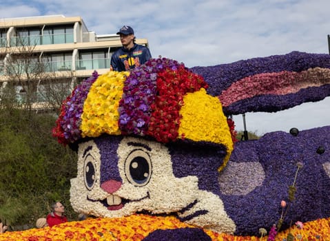 Noordwijk, Netherlands - April 22, 2023: Spectacular flower covered floats in the Bloemencorso Bollenstreek the annual spring flower parade from Noordwijk to Haarlem in the Netherlands.