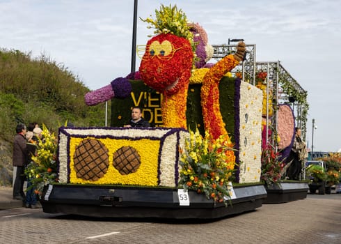 Noordwijk, Netherlands - April 22, 2023: Spectacular flower covered floats in the Bloemencorso Bollenstreek the annual spring flower parade from Noordwijk to Haarlem in the Netherlands.
