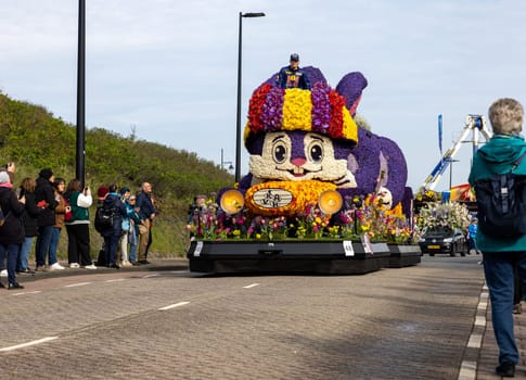 Noordwijk, Netherlands - April 22, 2023: Spectacular flower covered floats in the Bloemencorso Bollenstreek the annual spring flower parade from Noordwijk to Haarlem in the Netherlands.