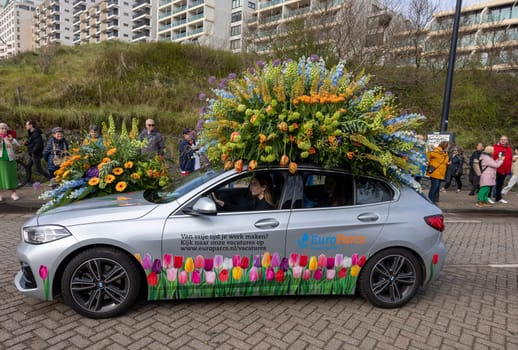 Noordwijk, Netherlands - April 22, 2023: Spectacular flower covered floats in the Bloemencorso Bollenstreek the annual spring flower parade from Noordwijk to Haarlem in the Netherlands.