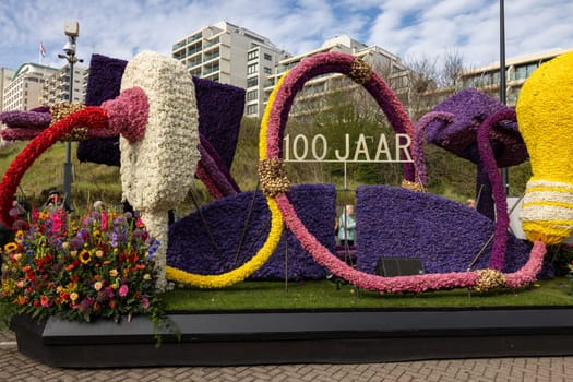 Noordwijk, Netherlands - April 22, 2023: Spectacular flower covered floats in the Bloemencorso Bollenstreek the annual spring flower parade from Noordwijk to Haarlem in the Netherlands.