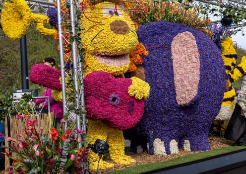 Noordwijk, Netherlands - April 22, 2023: Spectacular flower covered floats in the Bloemencorso Bollenstreek the annual spring flower parade from Noordwijk to Haarlem in the Netherlands.