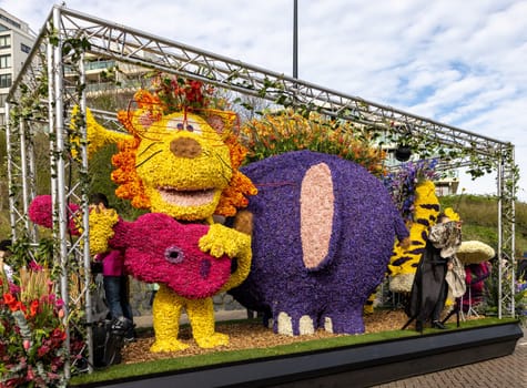 Noordwijk, Netherlands - April 22, 2023: Spectacular flower covered floats in the Bloemencorso Bollenstreek the annual spring flower parade from Noordwijk to Haarlem in the Netherlands.