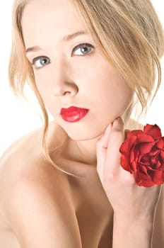 Beauty women portrait with red rose on white