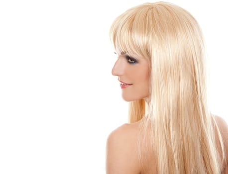 pretty blond woman with colorful makeup on white background