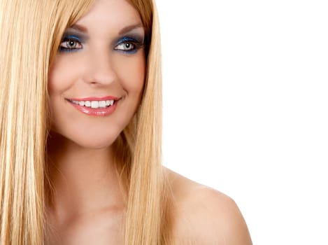 pretty blond woman with colorful makeup on white background