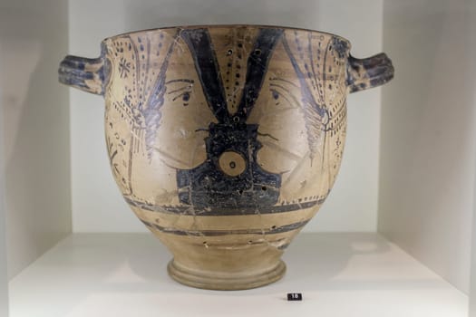 Barcelona, Spain - Dec 27th, 2019: Large red-figure vase of Etruscan culture. Catalan Museum of Archaeology, Barcelona, Spain