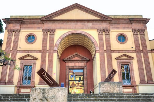 Barcelona, Spain - Dec 27th, 2019: Main facade of Catalan Museum of Archaeology, Barcelona, Spain