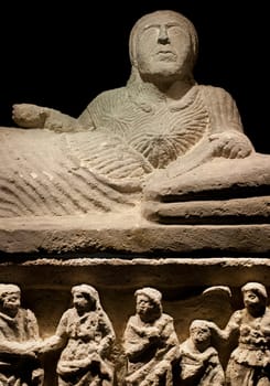 Barcelona, Spain - Dec 27th, 2019: Etruscan cineray urn. Catalan Museum of Archaeology, Barcelona, Spain